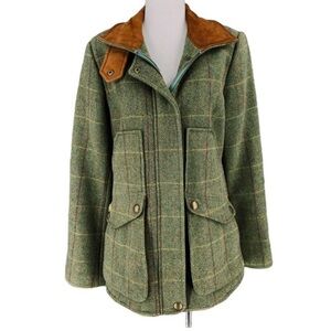 Joules Fieldcoat 100% Wool Leather Plaid Green